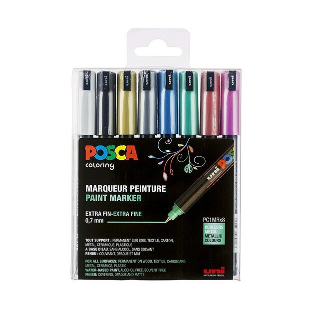 Posca - PC1MR - Extra Fine Tip Pen - Metallic Colors, 8 pc
