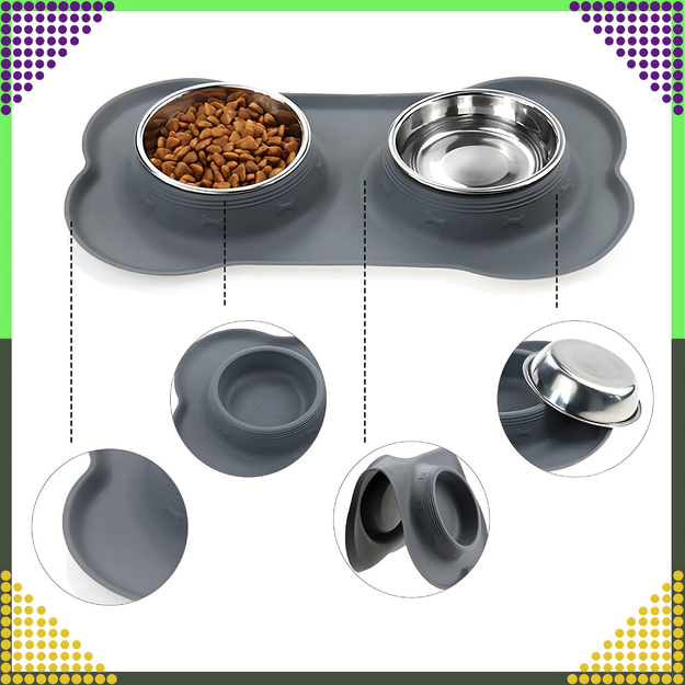 Dvigubas dubenėlis šunims ir katėms, metalinis, neslystantis, 2 dubenėliai + kilimėlis
