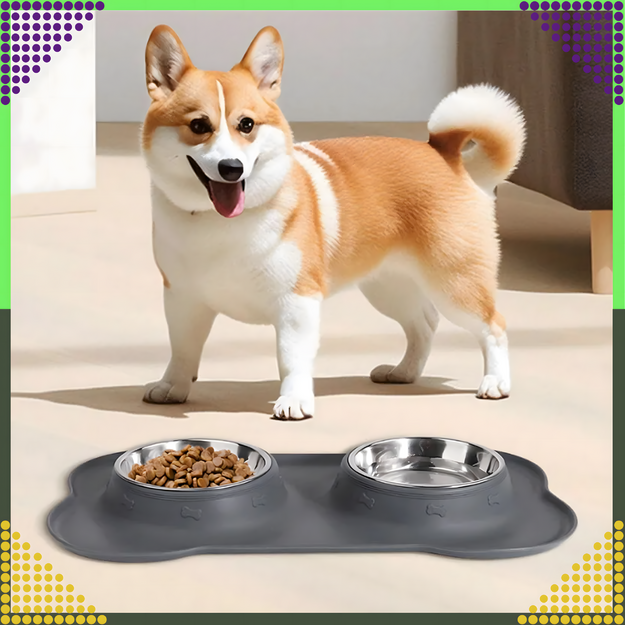 Dvigubas dubenėlis šunims ir katėms, metalinis, neslystantis, 2 dubenėliai + kilimėlis