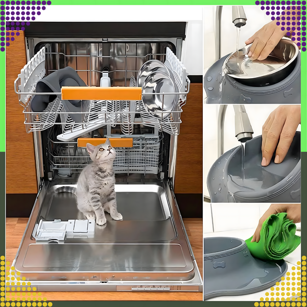 Dvigubas dubenėlis šunims ir katėms, metalinis, neslystantis, 2 dubenėliai + kilimėlis