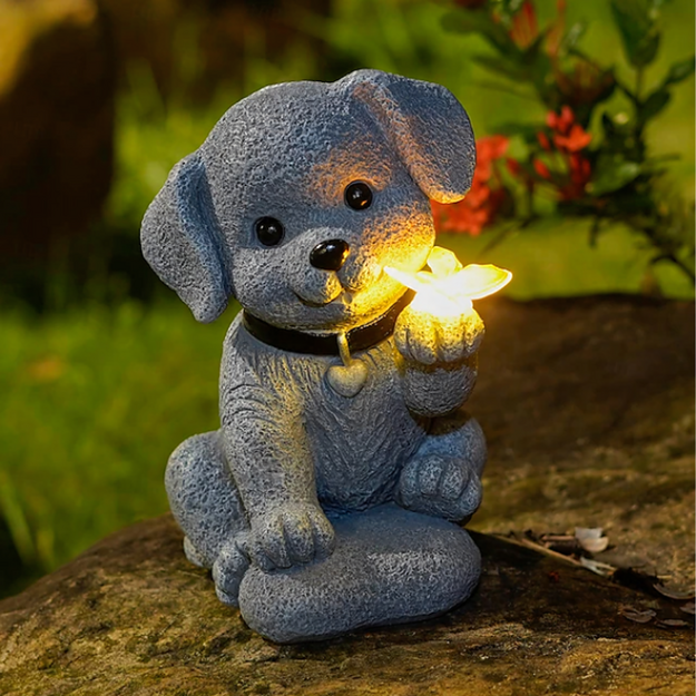 Saules dārza lampa ar tauriņu un LED rotājumu, dekoratīvs suns