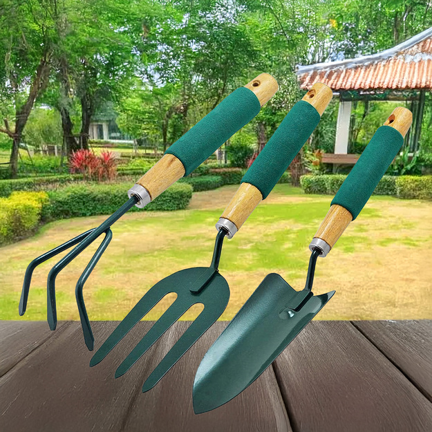 Aiatööriistade komplekt, käsitööriistad, labidas, reha, hark, 3 tk