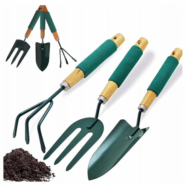 Aiatööriistade komplekt, käsitööriistad, labidas, reha, hark, 3 tk