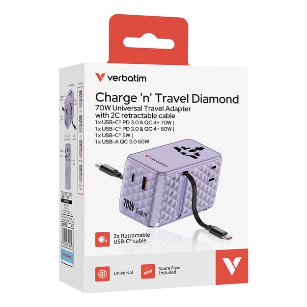 Verbatim - Charge 'n' Travel 70W 2C retractable Universal Travel Adapter Purple