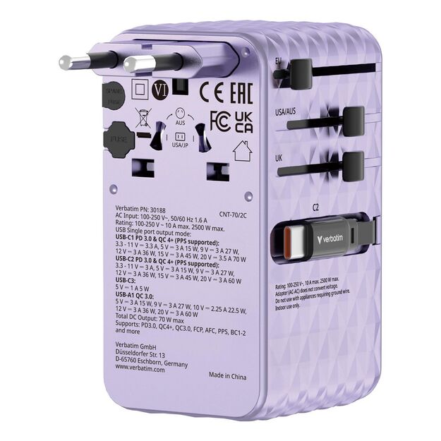 Verbatim - Charge 'n' Travel 70W 2C retractable Universal Travel Adapter Purple