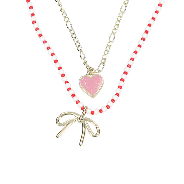 TOPModel - Double Layer Necklace LEOHEART - Gold, Pink, White, Red - 46.5 cm + 5 cm