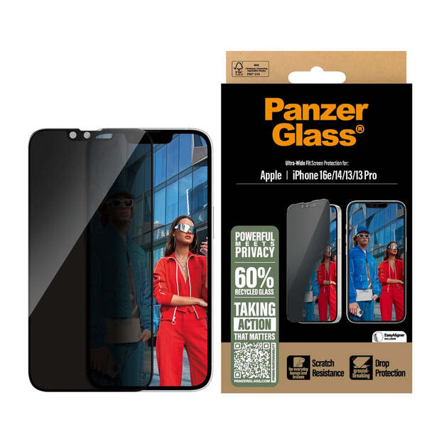 PanzerGlass - Privacy Screen Protection - iPhone 16e - 14 - 13 - 13 Pro - Ultra-Wide Fit