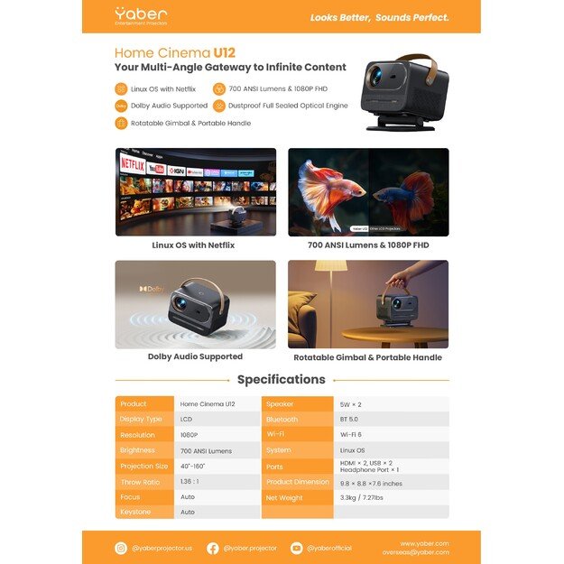 Yaber - U12 Home Cinema Projector w. JBL Speakers