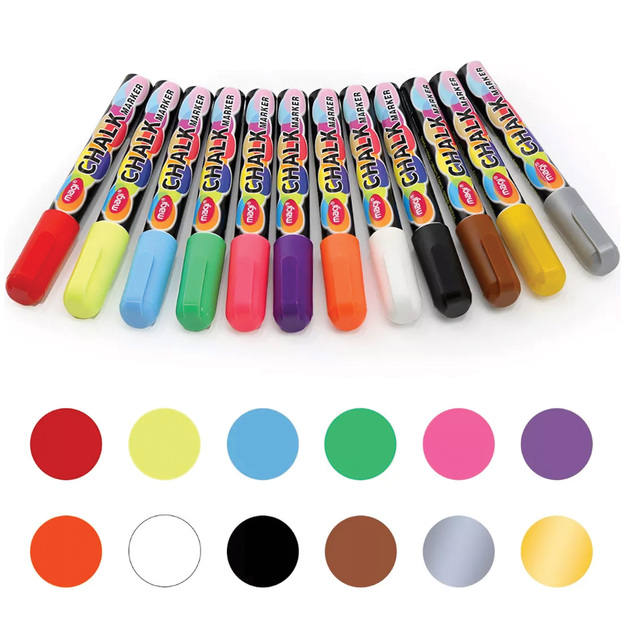 Kreidiniai žymekliai lentoms, mišrių spalvų rinkinys, 12 sausų žymeklių