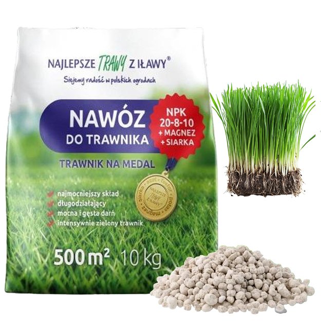 Nawóz do Trawnika Trawy Wieloskładnikowy NPK 20-8-10 Granulat 10 kg 500 m 
