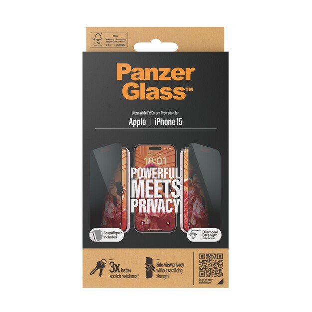 PanzerGlass - Privacy Screen Protector iPhone 15 - Ultra-Wide Fit w. EasyAligner 2