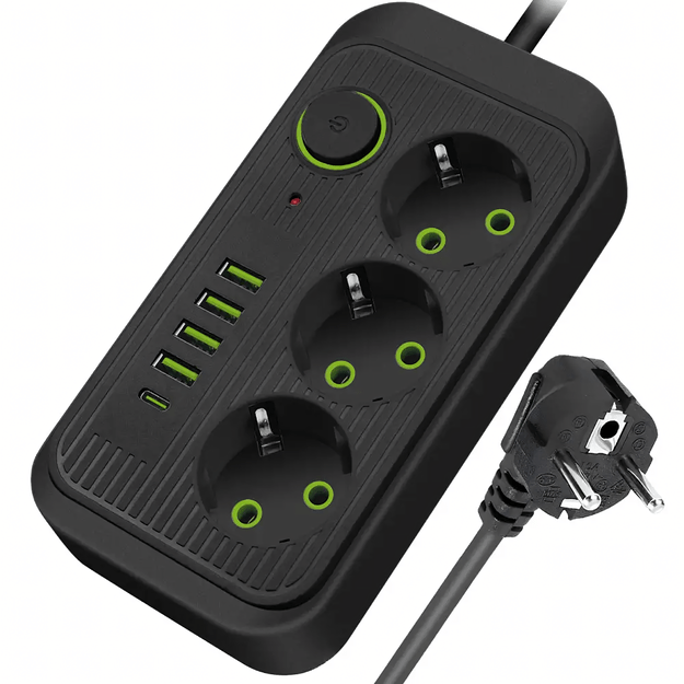 Listwa Zasilająca Przedłużacz Sieć 2m 3 Gniazda 5 x USB Ładowarka Włącznik 16