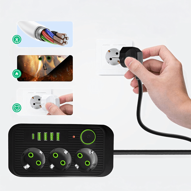 Listwa Zasilająca Przedłużacz Sieć 2m 3 Gniazda 5 x USB Ładowarka Włącznik 24