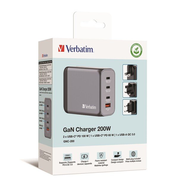 Verbatim - GNC-200 GaN Charger 4 Port 200W USB-A/USB-C 7