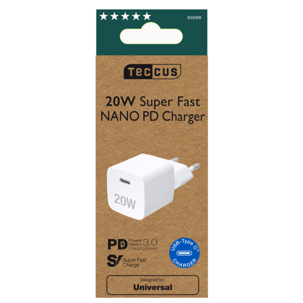 Teccus - Universal Fastcharger 1xUSB-C PD 20W 2