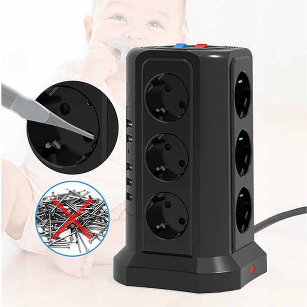 Listwa Zasilająca Stojąca Ochronna Odgromowa 12 Gniazd + 5 Portów Usb Reset 8