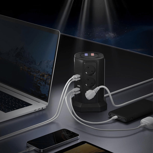 Listwa Zasilająca Stojąca Ochronna Odgromowa 12 Gniazd + 5 Portów Usb Reset 11