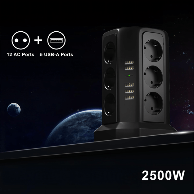 Listwa Zasilająca Stojąca Ochronna Odgromowa 12 Gniazd + 5 Portów Usb Reset 12