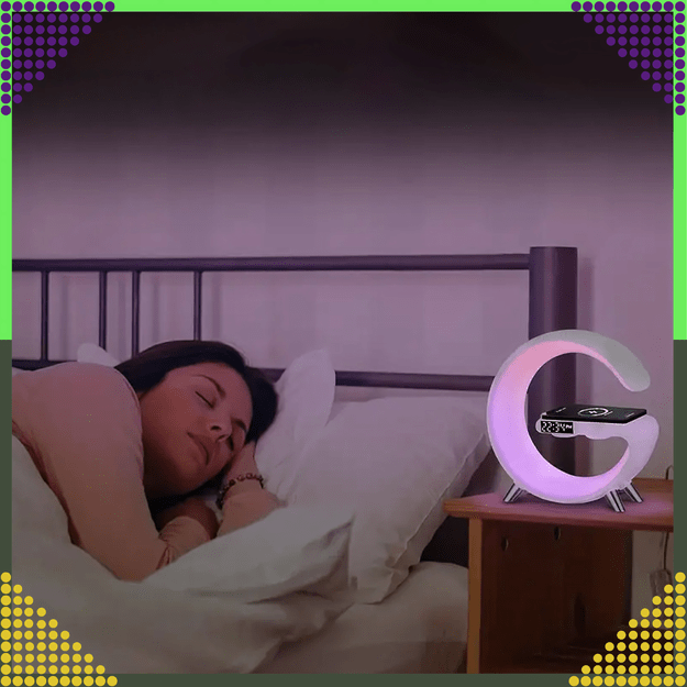 Lampka Nocna Led Sterowana Telefonem Indukcja Qi Głośnik Zegar Budzik RGB 28