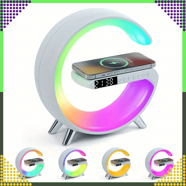 Lampka Nocna Led Sterowana Telefonem Indukcja Qi Głośnik Zegar Budzik RGB 16