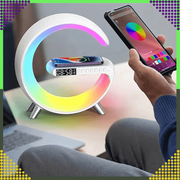 Lampka Nocna Led Sterowana Telefonem Indukcja Qi Głośnik Zegar Budzik RGB 25