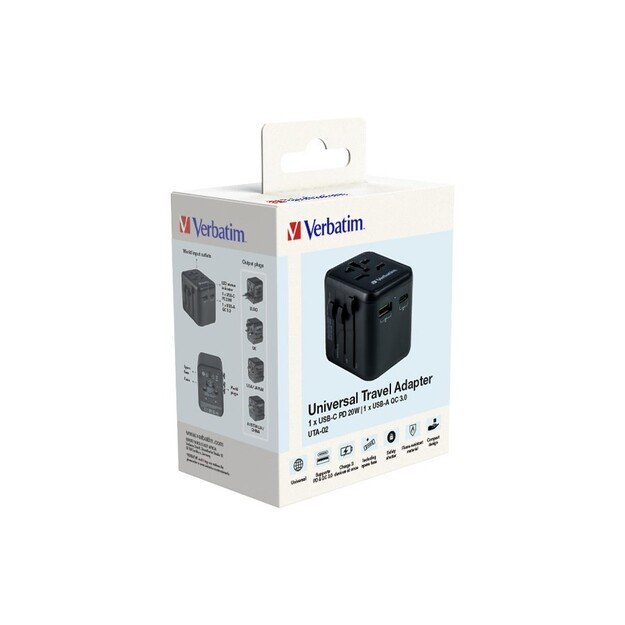 Verbatim - Universal Travel Adapter UTA-02 PD20W/QC / 1xUSB / 1xType-C 2