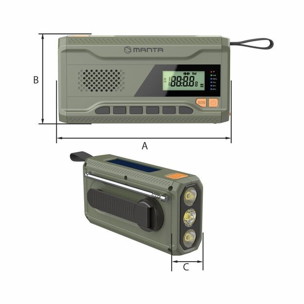 Manta - Portable Emergency crank FM Radio, Solar Power Bank, Flashlight 3