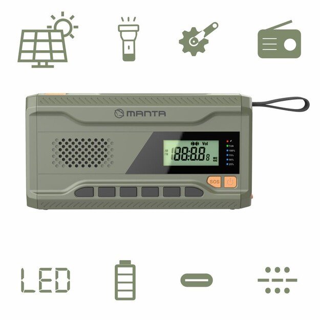 Manta - Portable Emergency crank FM Radio, Solar Power Bank, Flashlight 2