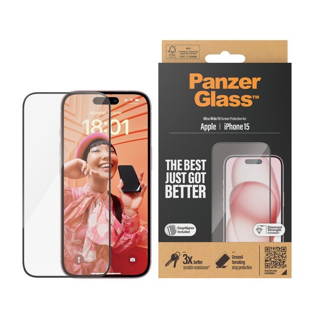 PanzerGlass - Screen Protector iPhone 15 - Ultra-Wide Fit m. EasyAligner 3