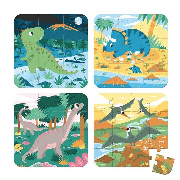 Janod - 4 Progressive Difficulty Dinosaur Puzzles 6-9-12-16 pcs (LKJ2541) 1